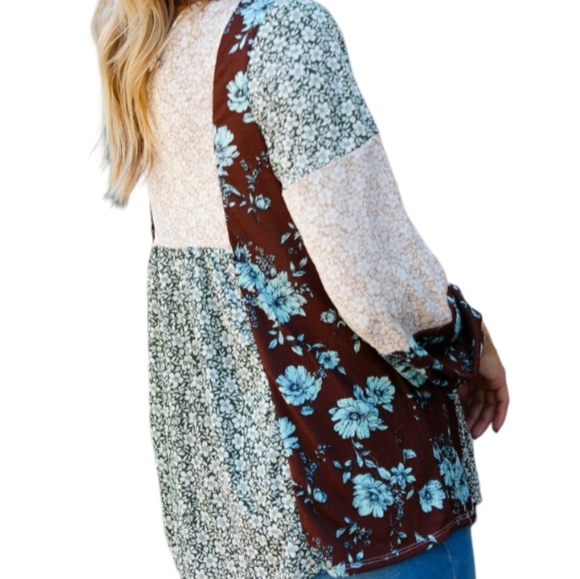 Ces Femme Cinnamon and Oatmeal Floral Patterned Blouse - Picture 2 of 2